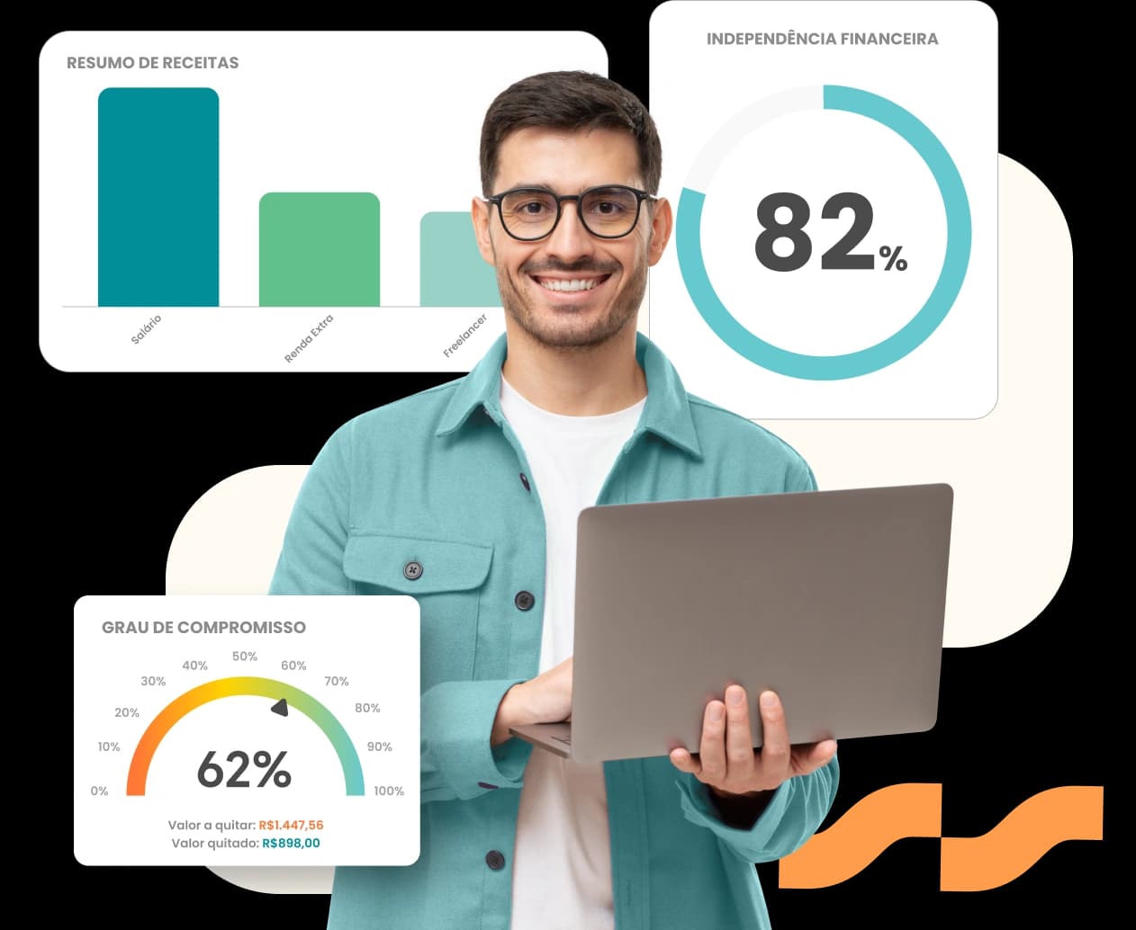 Pessoa segurando notebook com dashboards do Meu Planner Financeiro