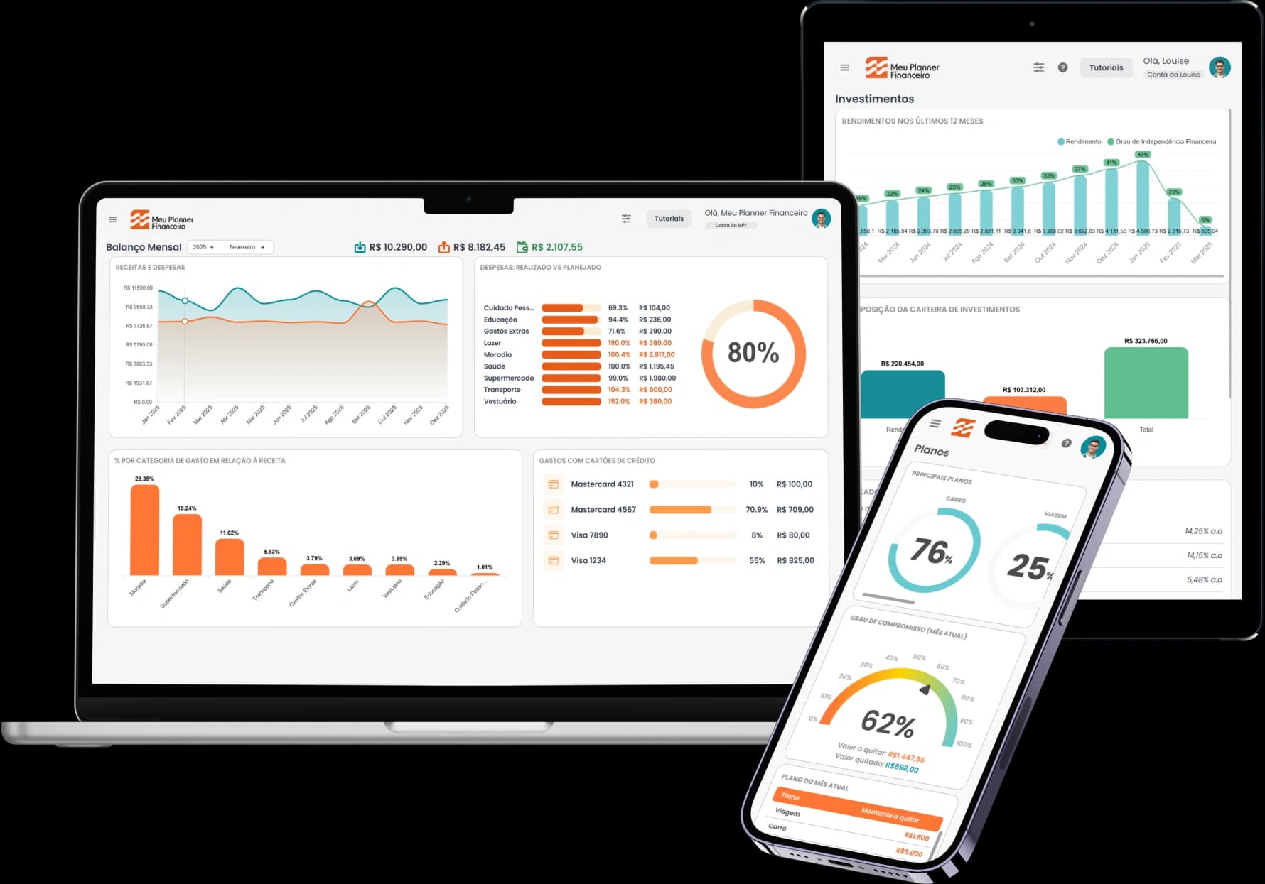 Meu Planner Financeiro em desktop, tablet e celular