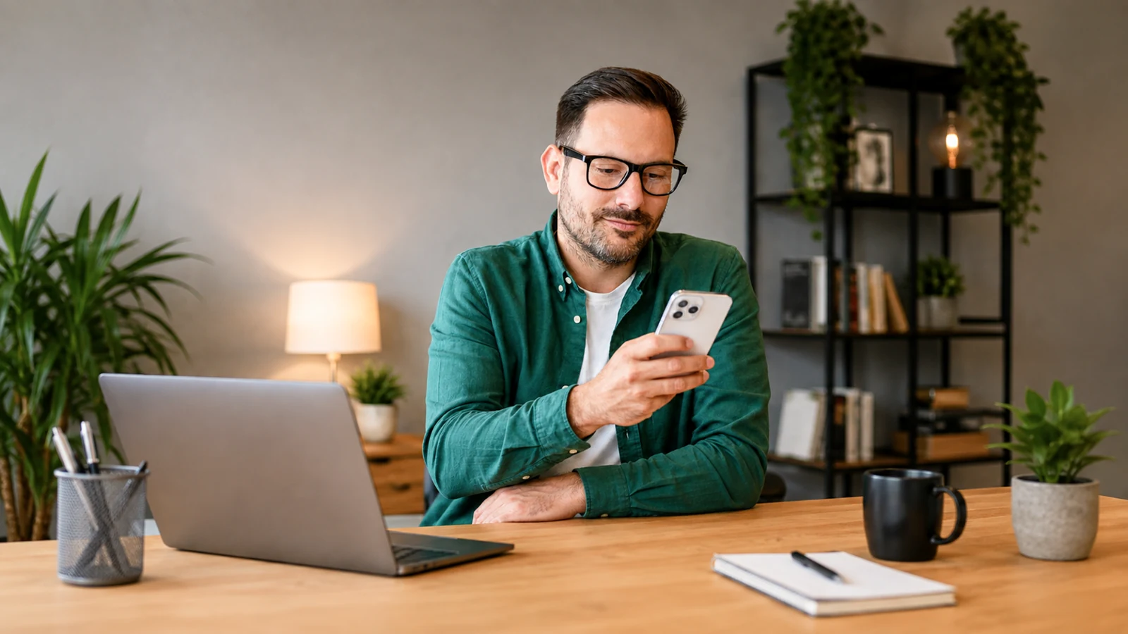 Homem de óculos e camisa verde sentado à escrivaninha de um escritório em casa, com um notebook aberto à frente, olhando para o celular