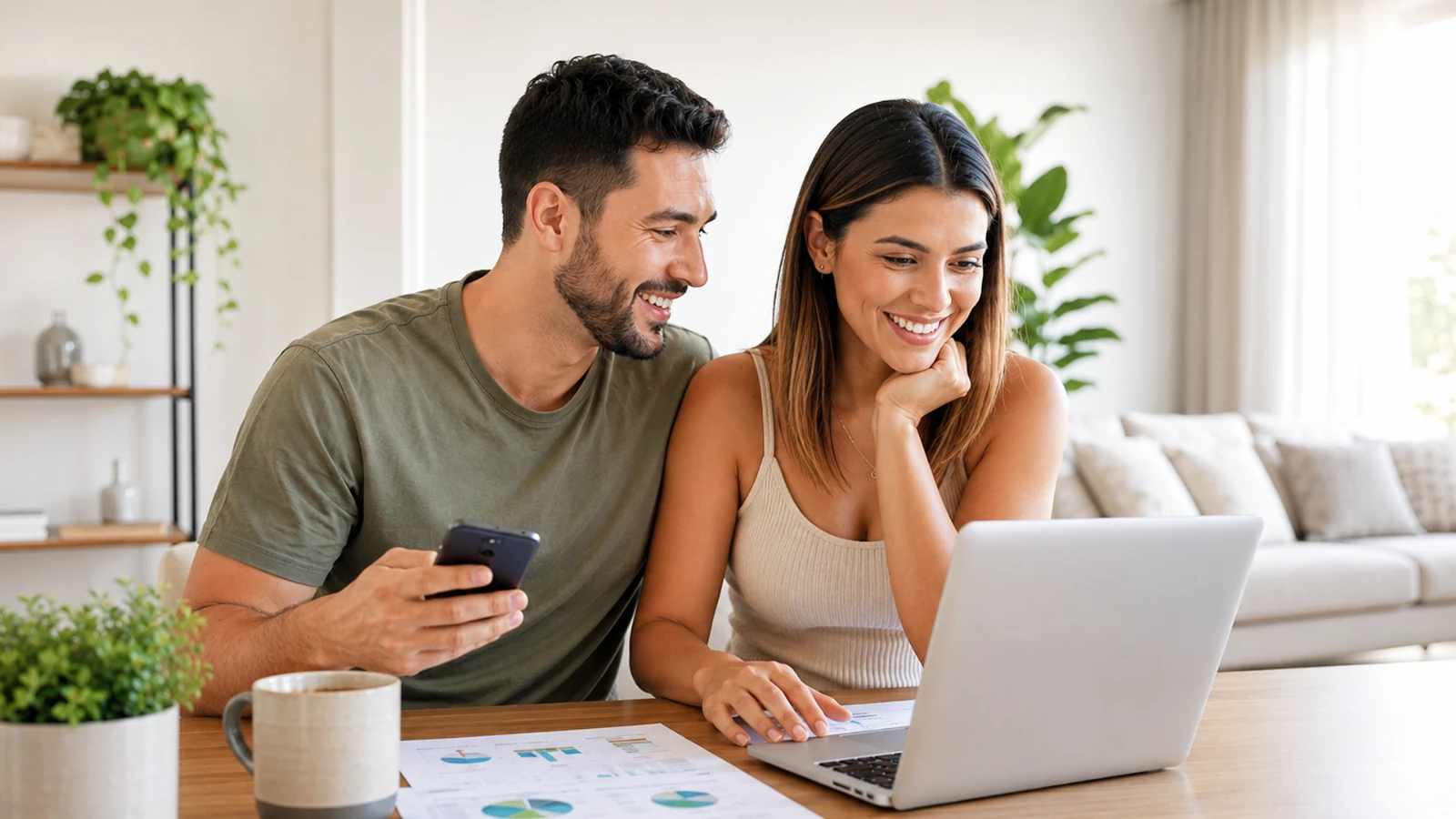 Casal sentado à mesa da sala olhando junto para a tela de um notebook, com relatórios impressos e um celular ao lado
