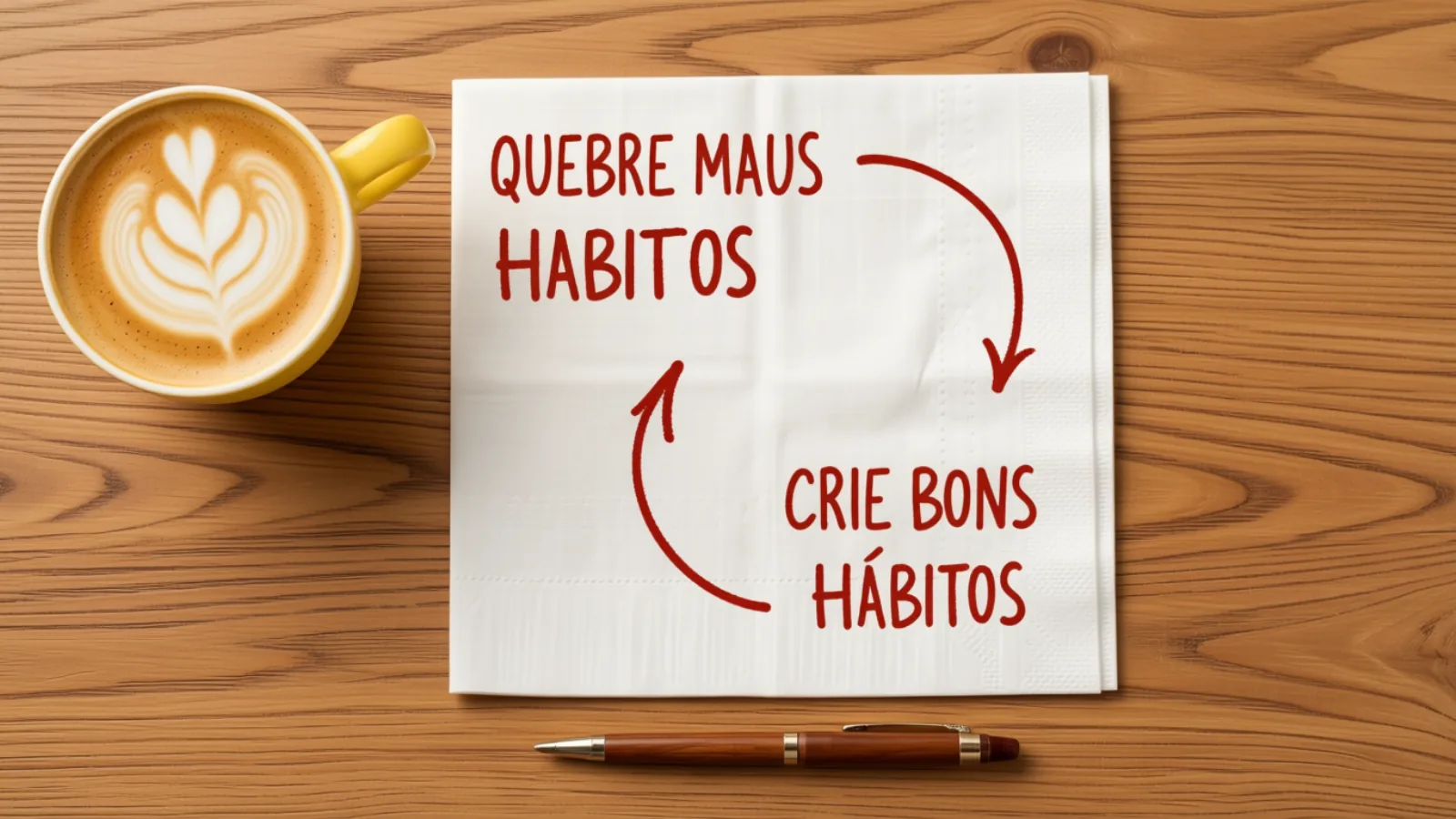 Guardanapo sobre mesa de madeira com as frases Quebre maus hábitos e Crie bons hábitos ligadas por setas em ciclo, ao lado de uma xícara de café e uma caneta