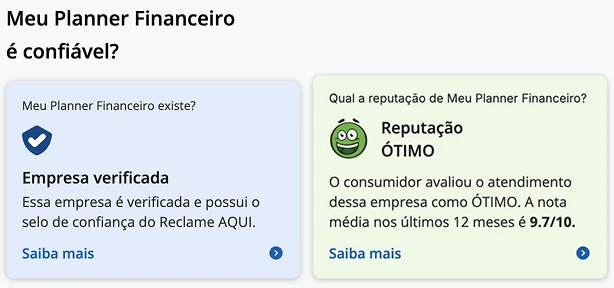 Reputação do Meu Planner Financeiro no Reclame Aqui: empresa verificada e nota 9.7/10 nos últimos 12 meses