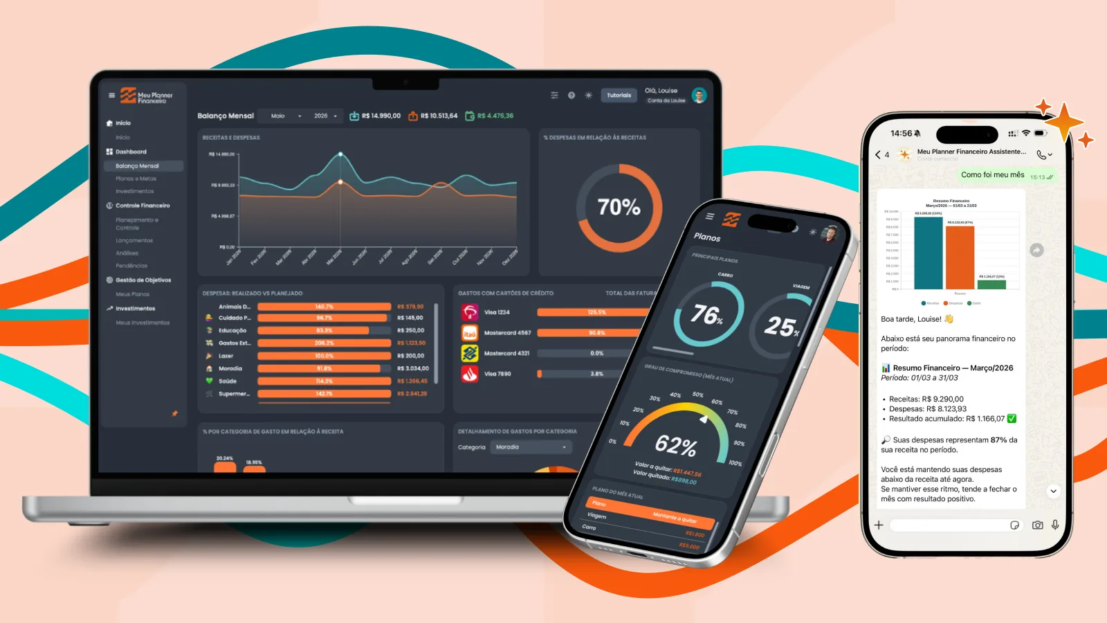 Meu Planner Financeiro em três telas: o balanço mensal no notebook, os planos e metas no celular e o resumo financeiro enviado pelo assistente no WhatsApp