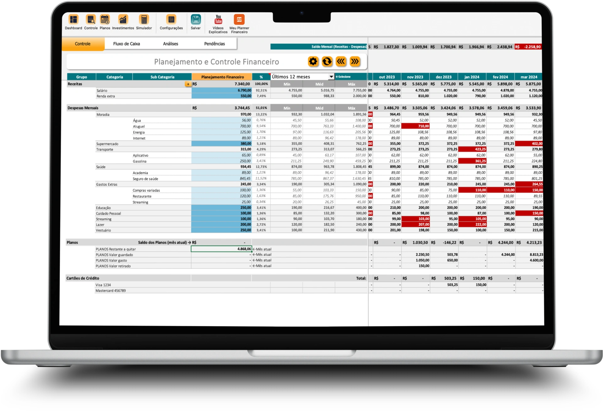 Tela de controle de receitas e despesas do Meu Planner Financeiro Excel