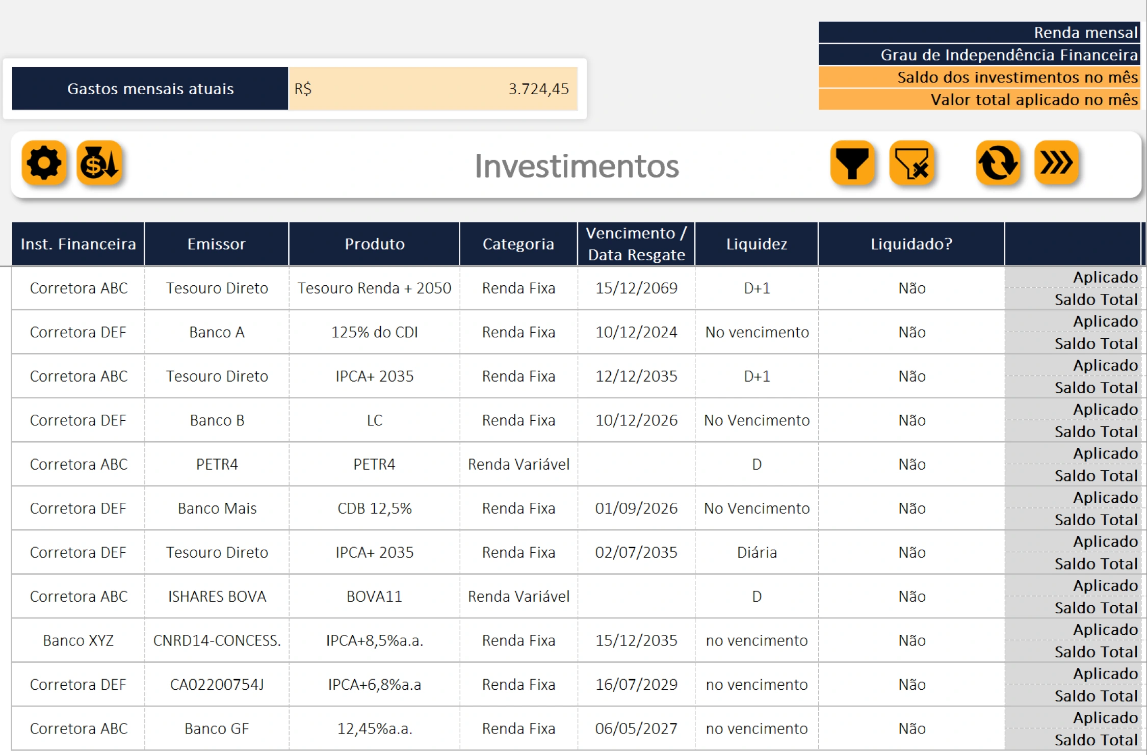 Tela de Investimentos no tema azul