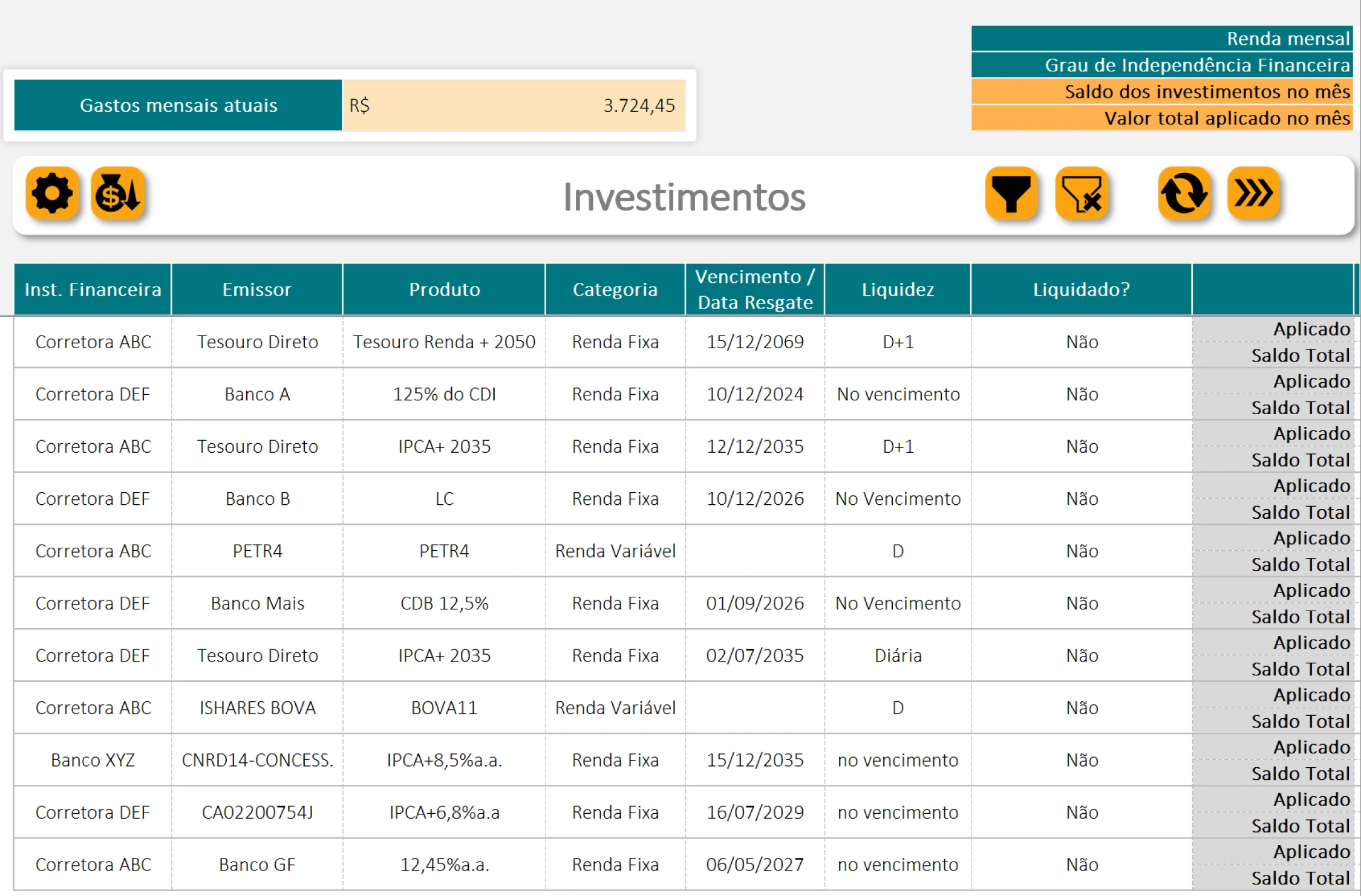 Tela de Investimentos no tema verde