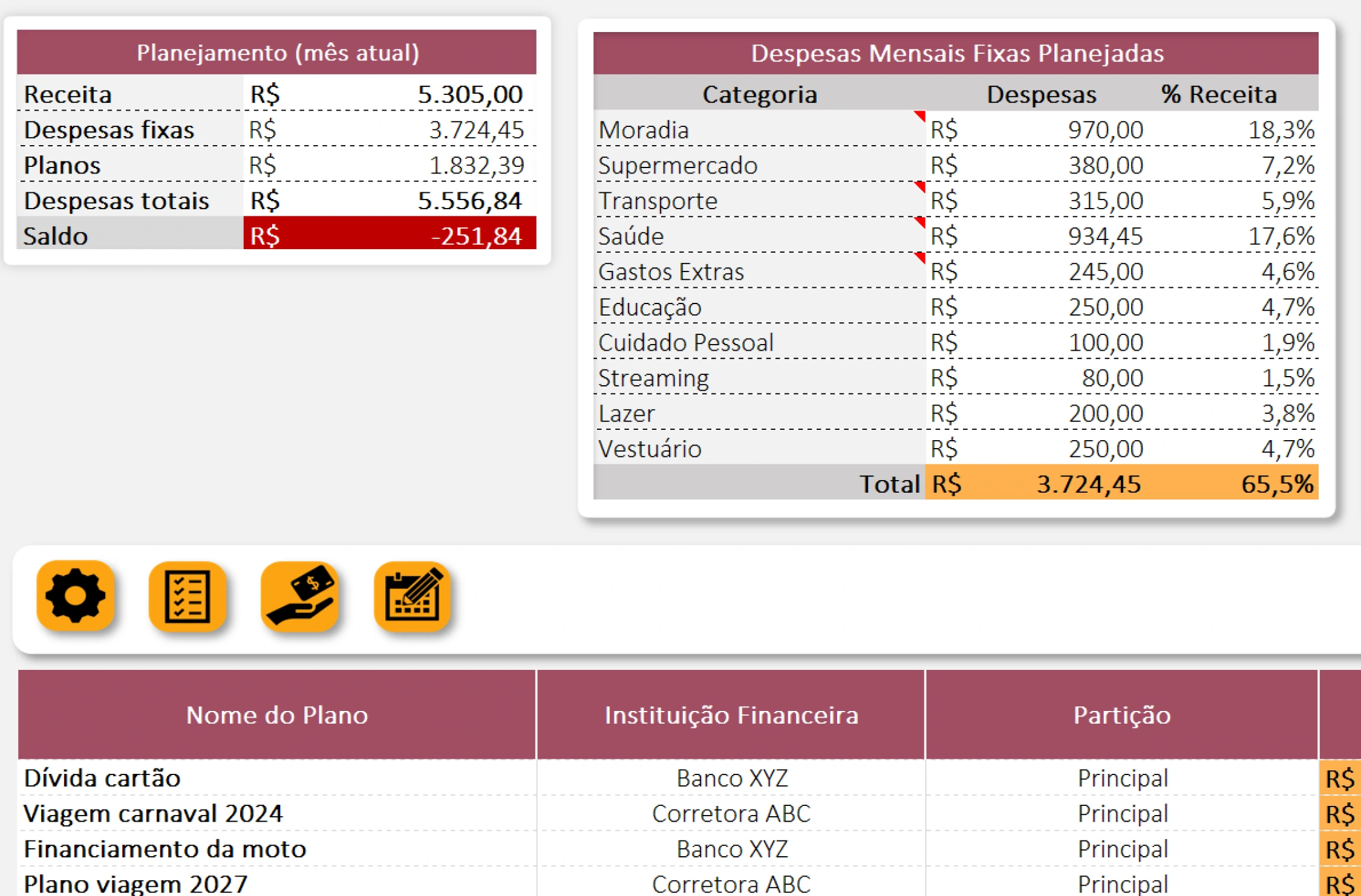 Tela de Planos no tema rosa