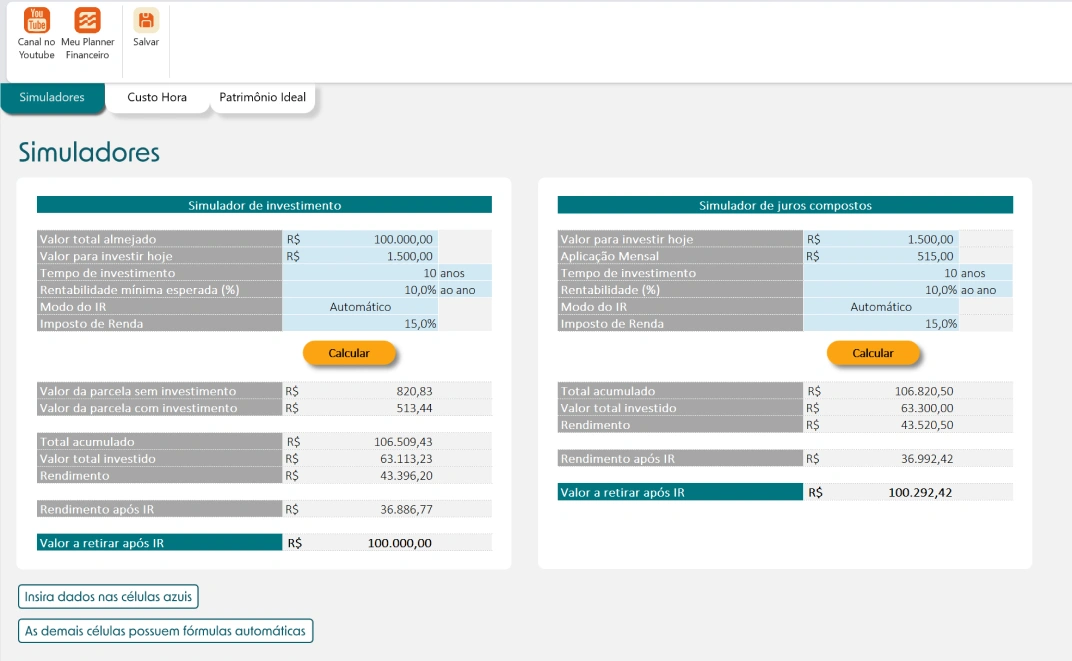 Bônus: planilha com simuladores financeiros