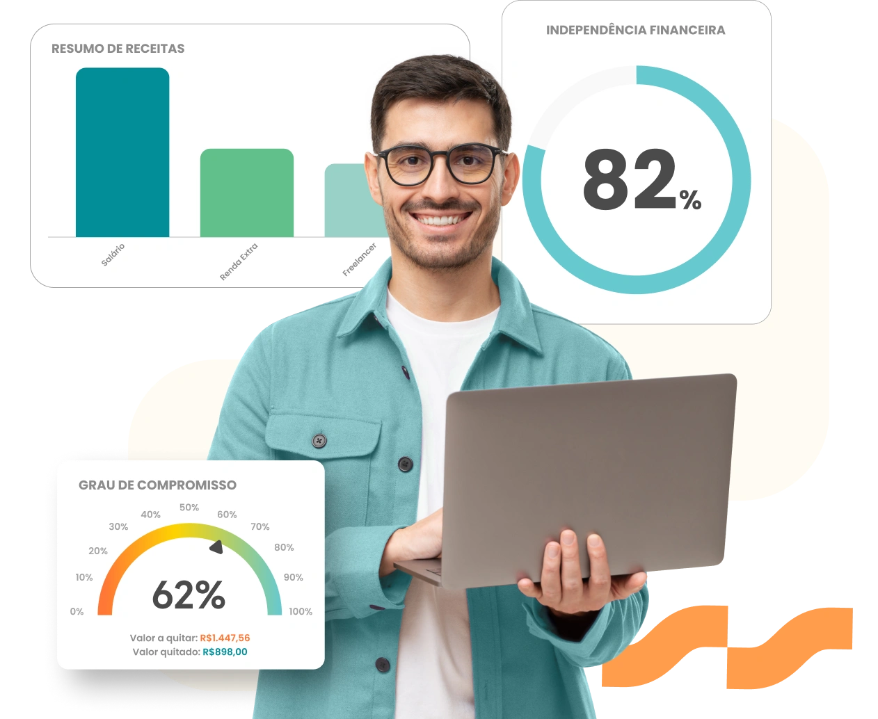 Pessoa segurando notebook com dashboards do Meu Planner Financeiro
