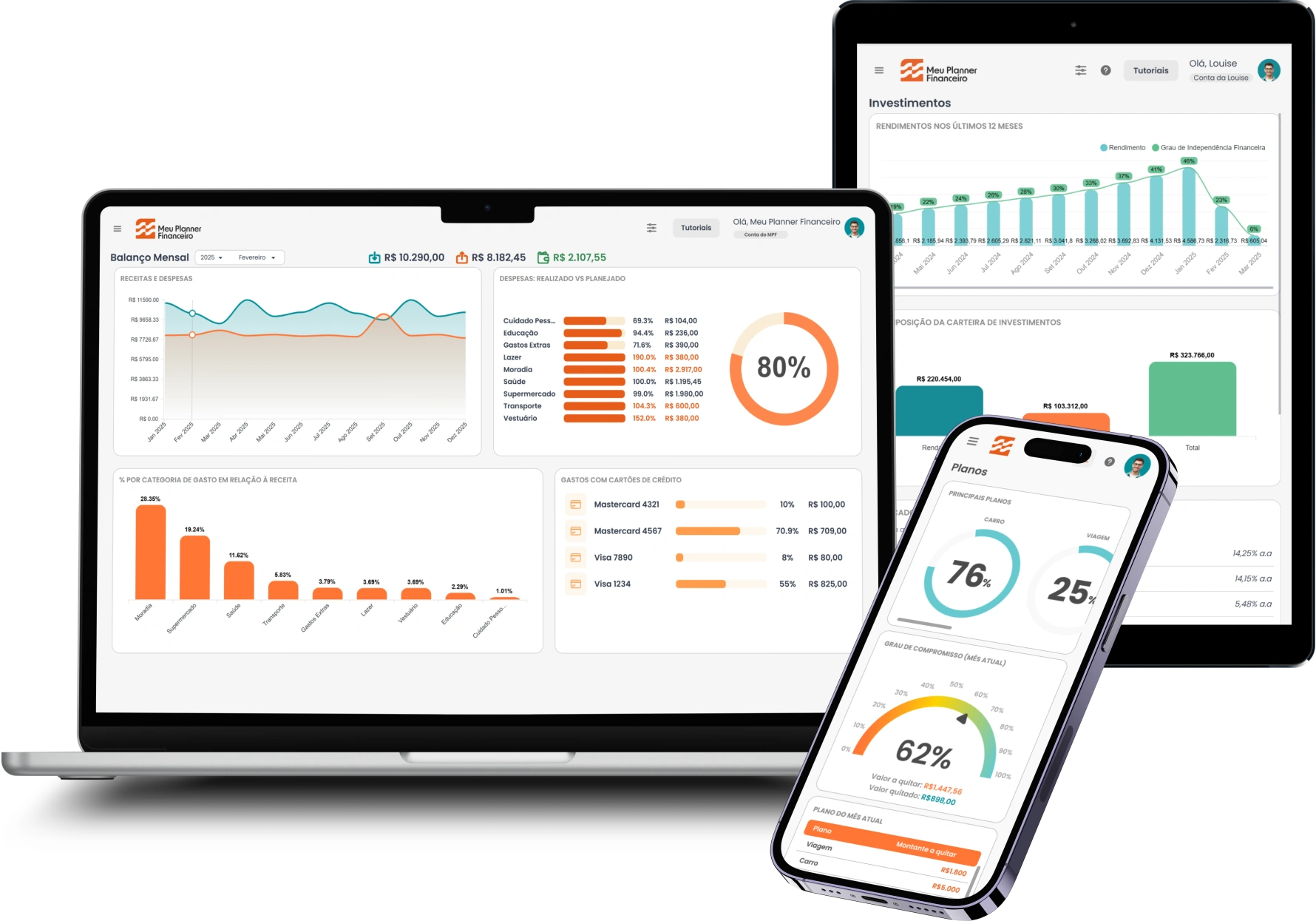 Meu Planner Financeiro em desktop, tablet e celular